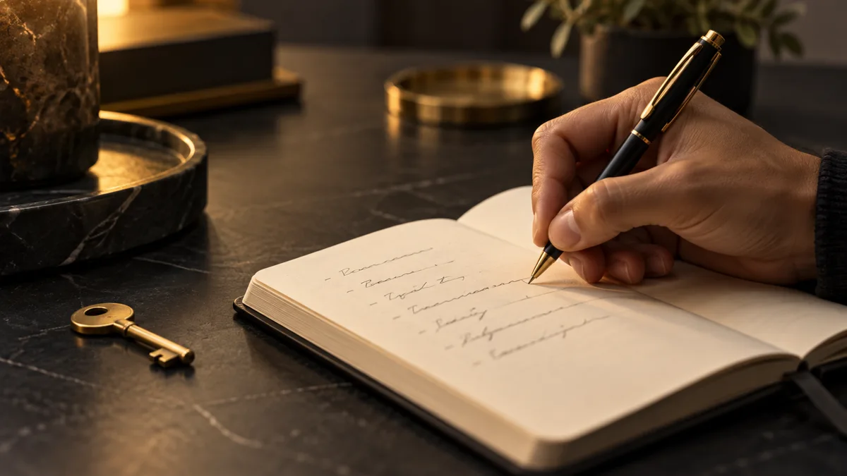 Imagen ilustrativa de una persona escribiendo una decisión en un cuaderno junto a una llave